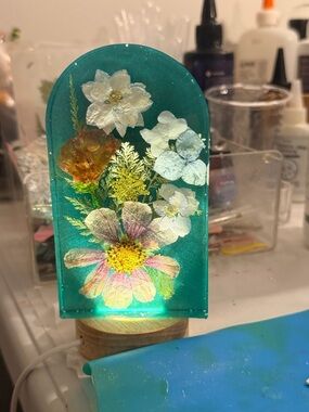 Pressed Flower Resin Night Light - Teal Floral Accent